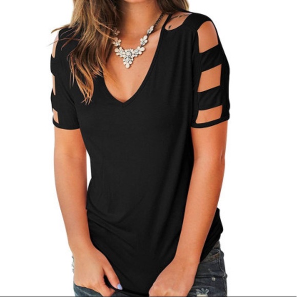 Black Cut Out Sleeve V Neck T-shirt - Picture 5 of 11